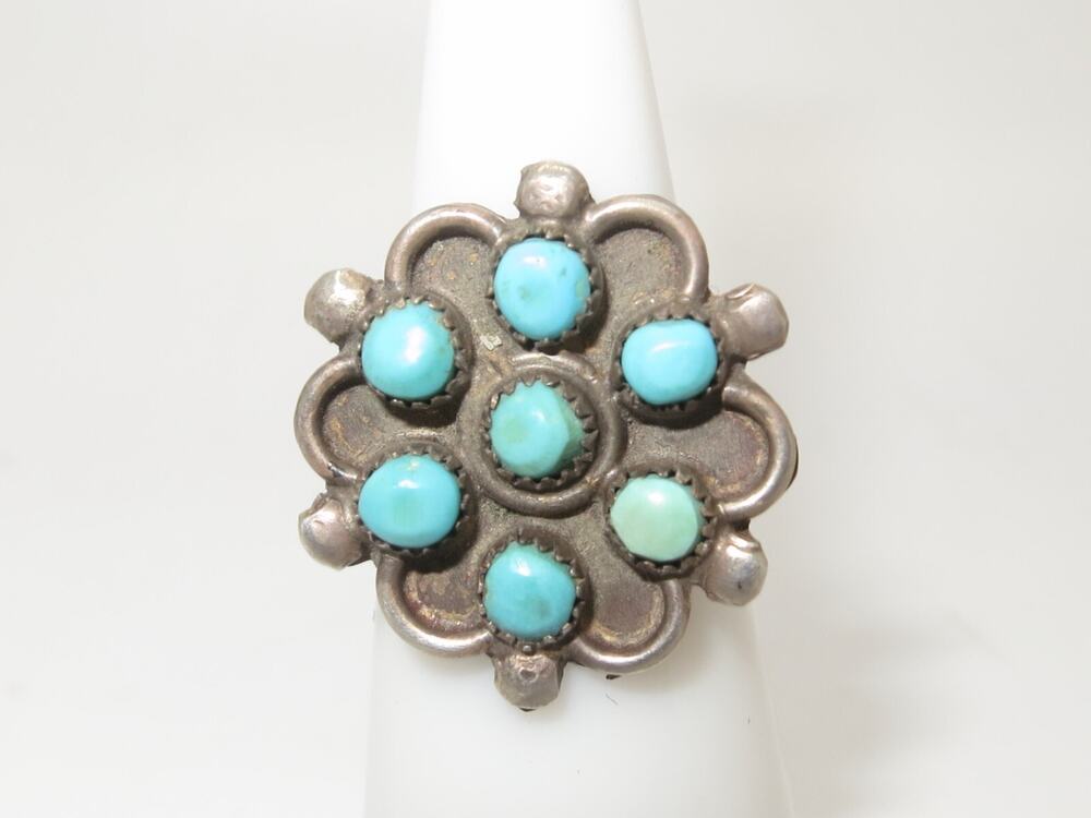 Vintage Native Snake Eyes Silver Tone Turquoise Ring SMALL Size 3